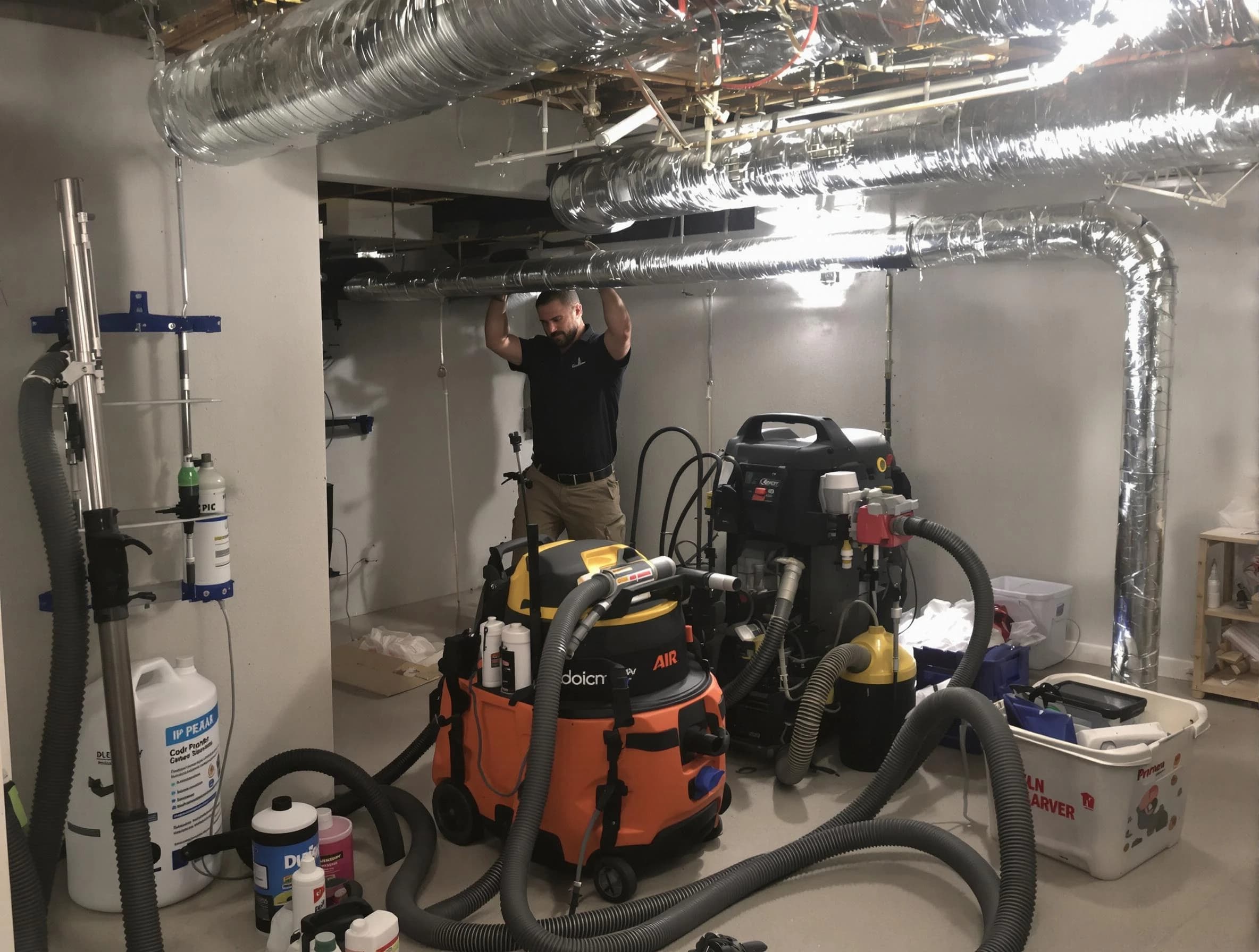 Del City Air Duct Cleaning specialist performing professional mold removal from air ducts using safety equipment in Del City